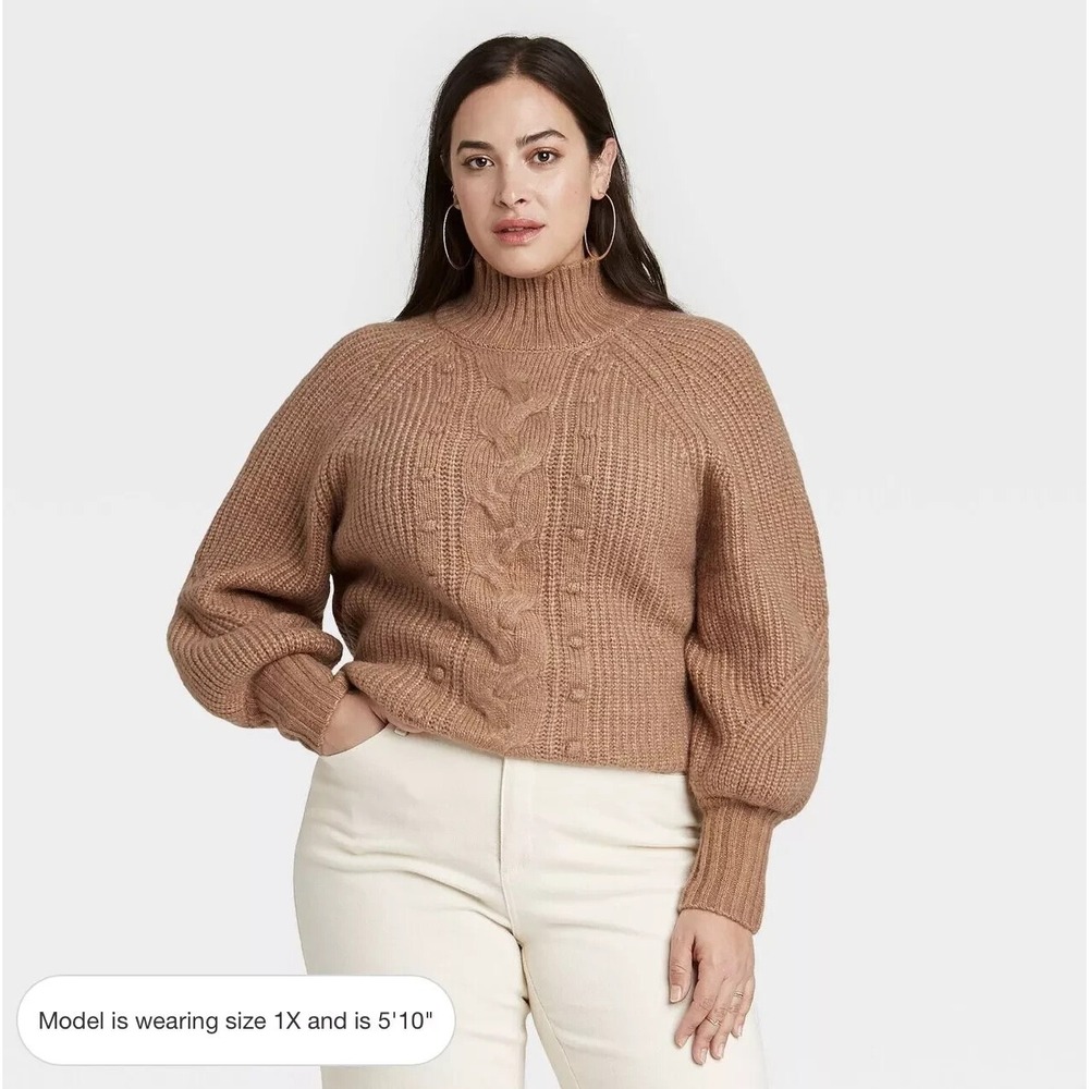 Ava & Viv Sweater Brown Turtleneck Balloon Sleeve Pullover NWT